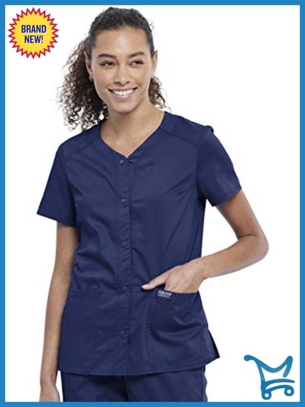 Women's V-Neck Scrub Top with Snap Front, 4 Pockets, 2-Way Stretch